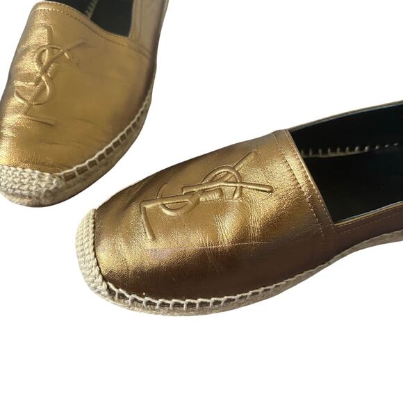 Saint Laurent Logo Embossed Espadrille Flats Gold Bronze Leather YSL Size 37.5 - Picture 8 of 11